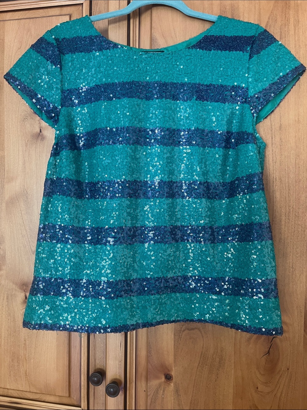 I Heart Ronson Teal and Navy Striped Sequin Top